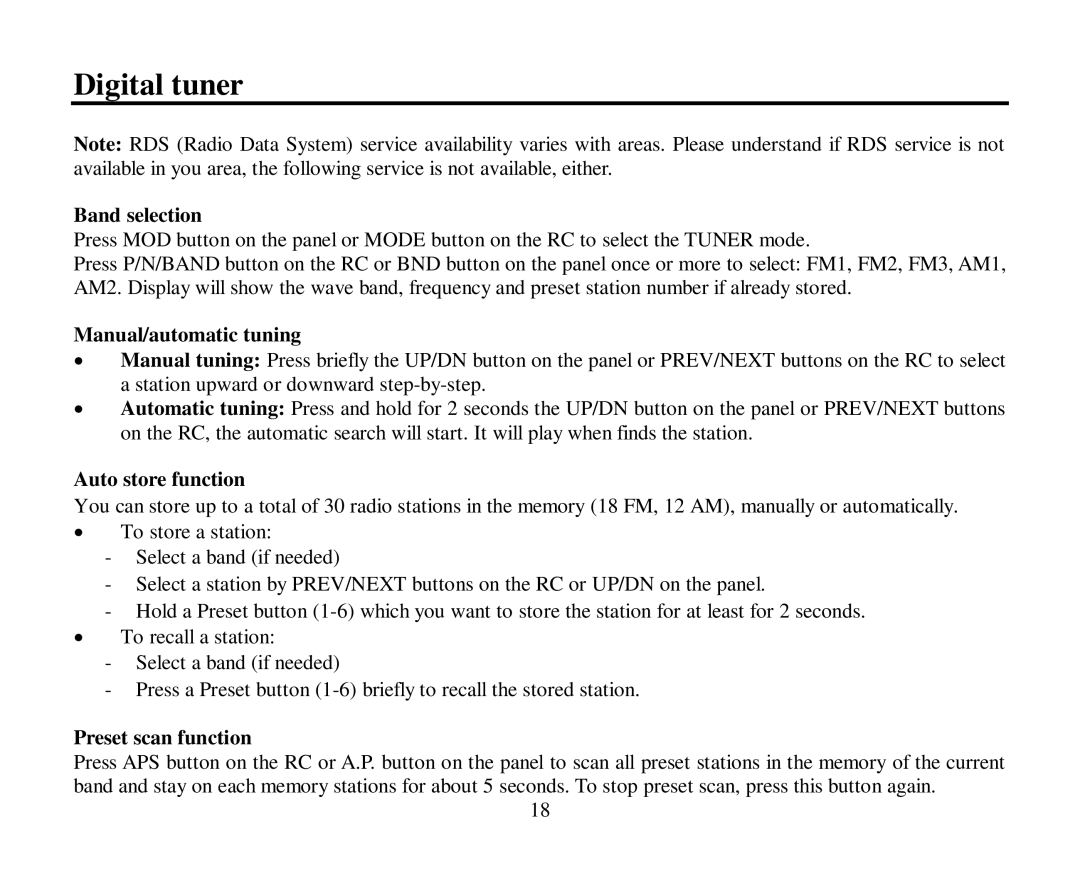 Hyundai H-CMD4004 Digital tuner, Band selection, Manual/automatic tuning, Auto store function, Preset scan function 