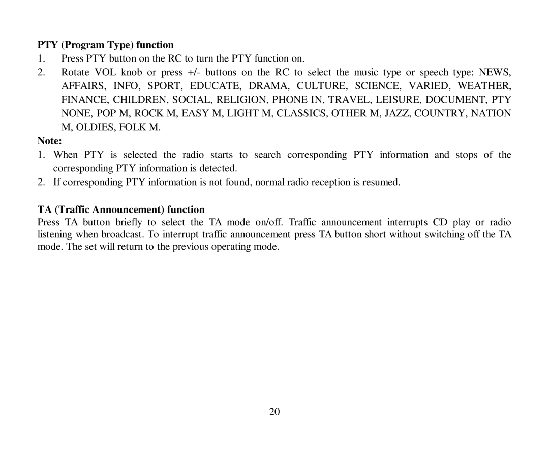 Hyundai H-CMD4004 instruction manual PTY Program Type function, TA Traffic Announcement function 