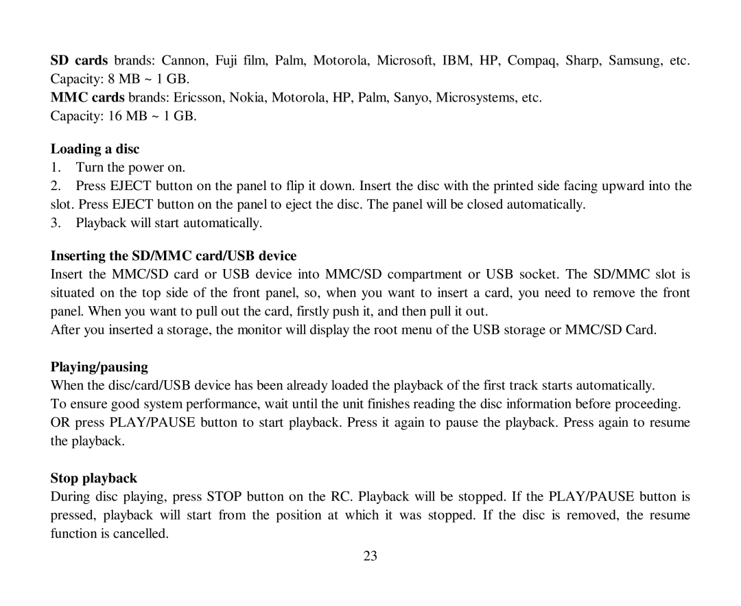 Hyundai H-CMD4004 instruction manual Loading a disc, Inserting the SD/MMC card/USB device, Playing/pausing, Stop playback 