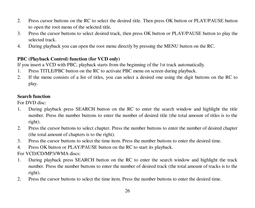 Hyundai H-CMD4004 instruction manual PBC Playback Control function for VCD only, Search function 