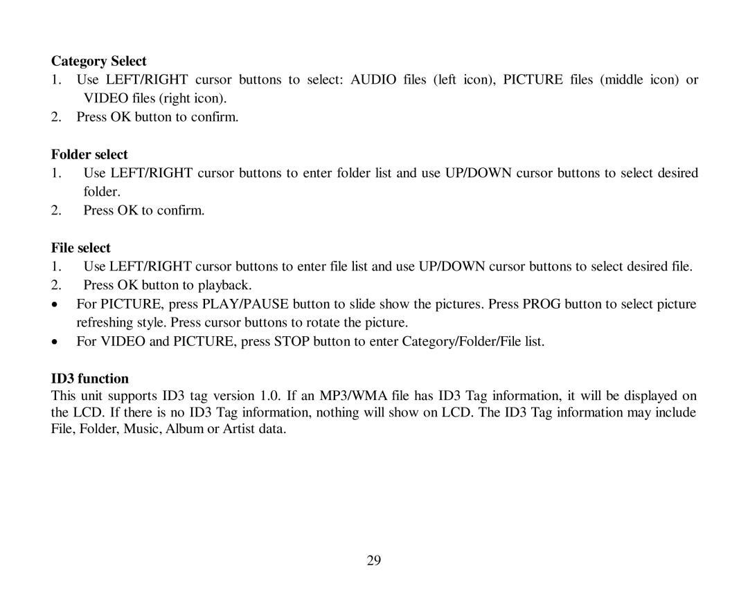 Hyundai H-CMD4004 instruction manual Category Select, Folder select, File select, ID3 function 