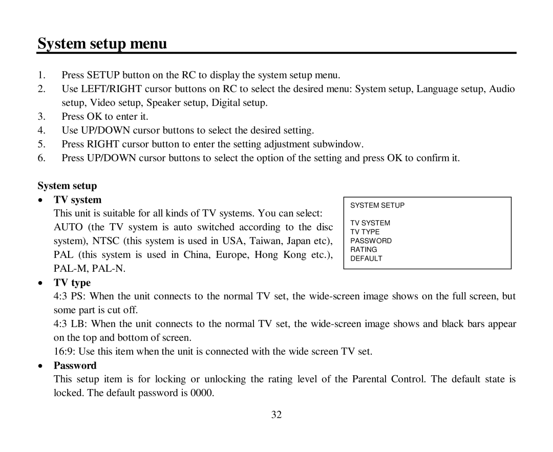 Hyundai H-CMD4004 instruction manual System setup menu, System setup TV system, TV type, Password 