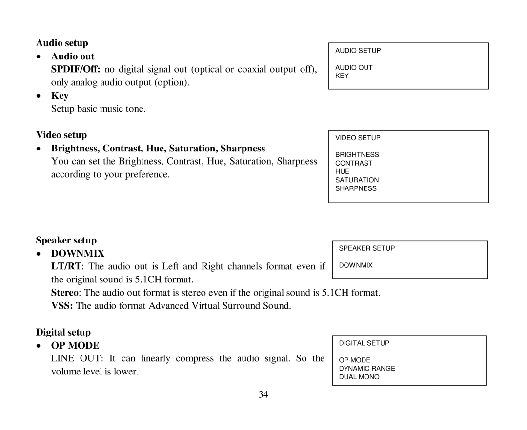 Hyundai H-CMD4004 instruction manual Audio setup Audio out, Key, Speaker setup 