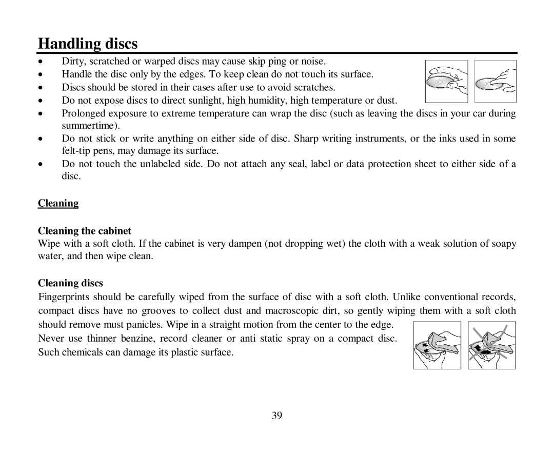 Hyundai H-CMD4004 instruction manual Handling discs, Cleaning Cleaning the cabinet, Cleaning discs 