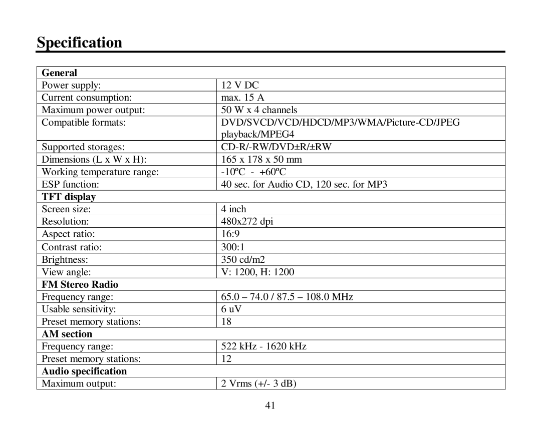 Hyundai H-CMD4004 instruction manual Specification 