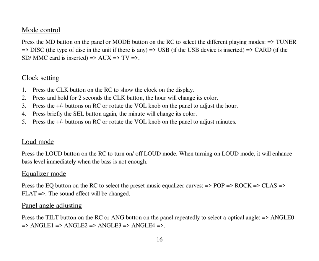 Hyundai H-CMD4005 instruction manual Mode control, Clock setting, Loud mode, Equalizer mode, Panel angle adjusting 