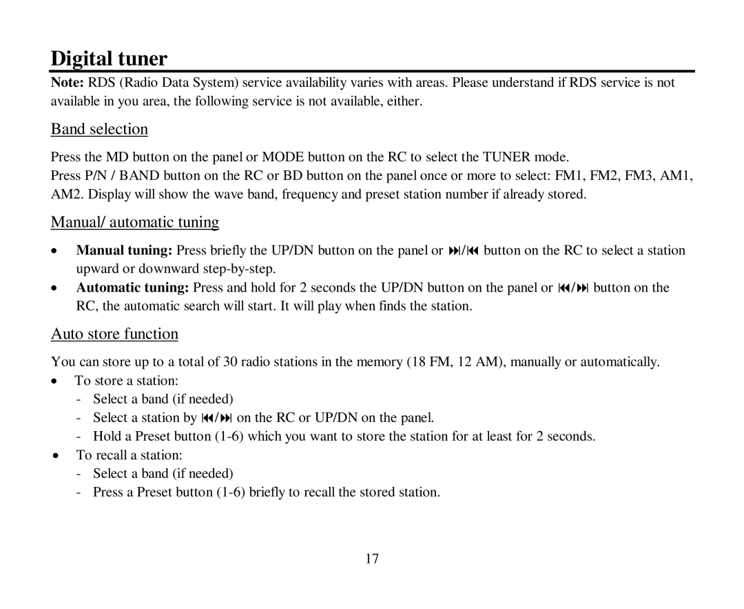 Hyundai H-CMD4005 instruction manual Digital tuner, Band selection, Manual/ automatic tuning, Auto store function 