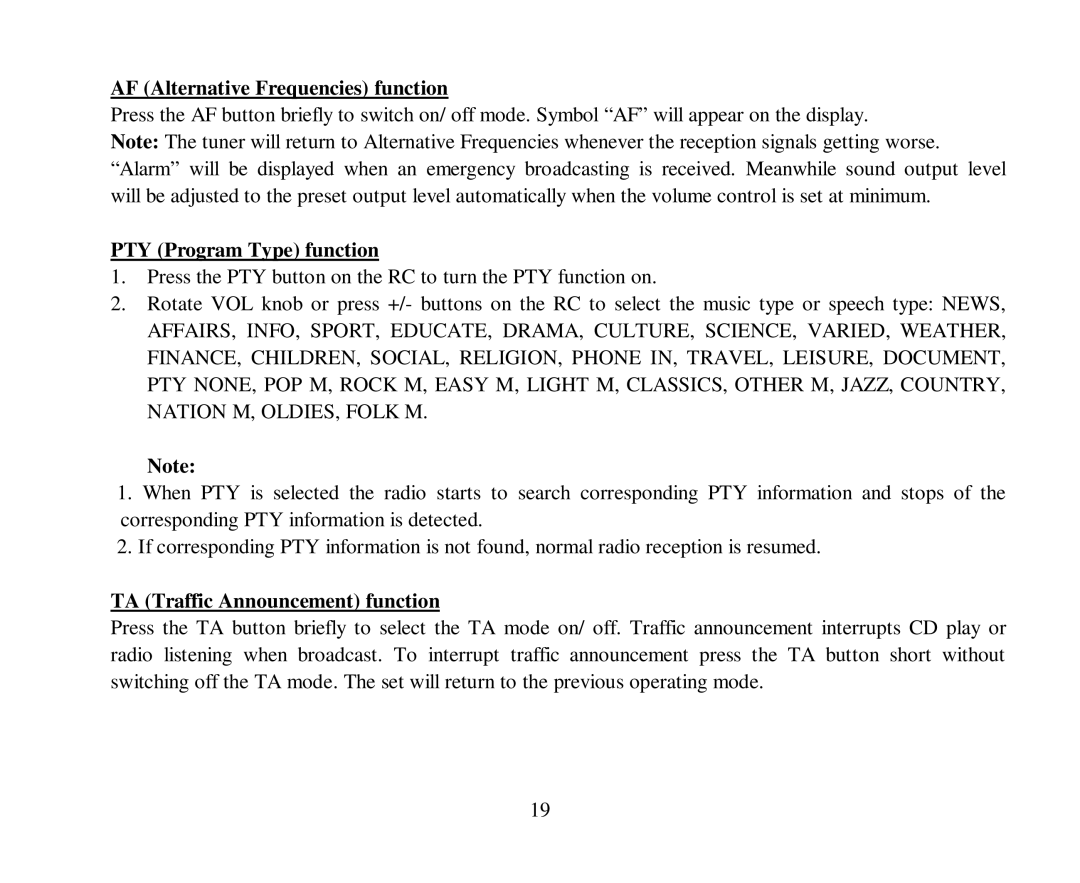 Hyundai H-CMD4005 AF Alternative Frequencies function, PTY Program Type function, TA Traffic Announcement function 