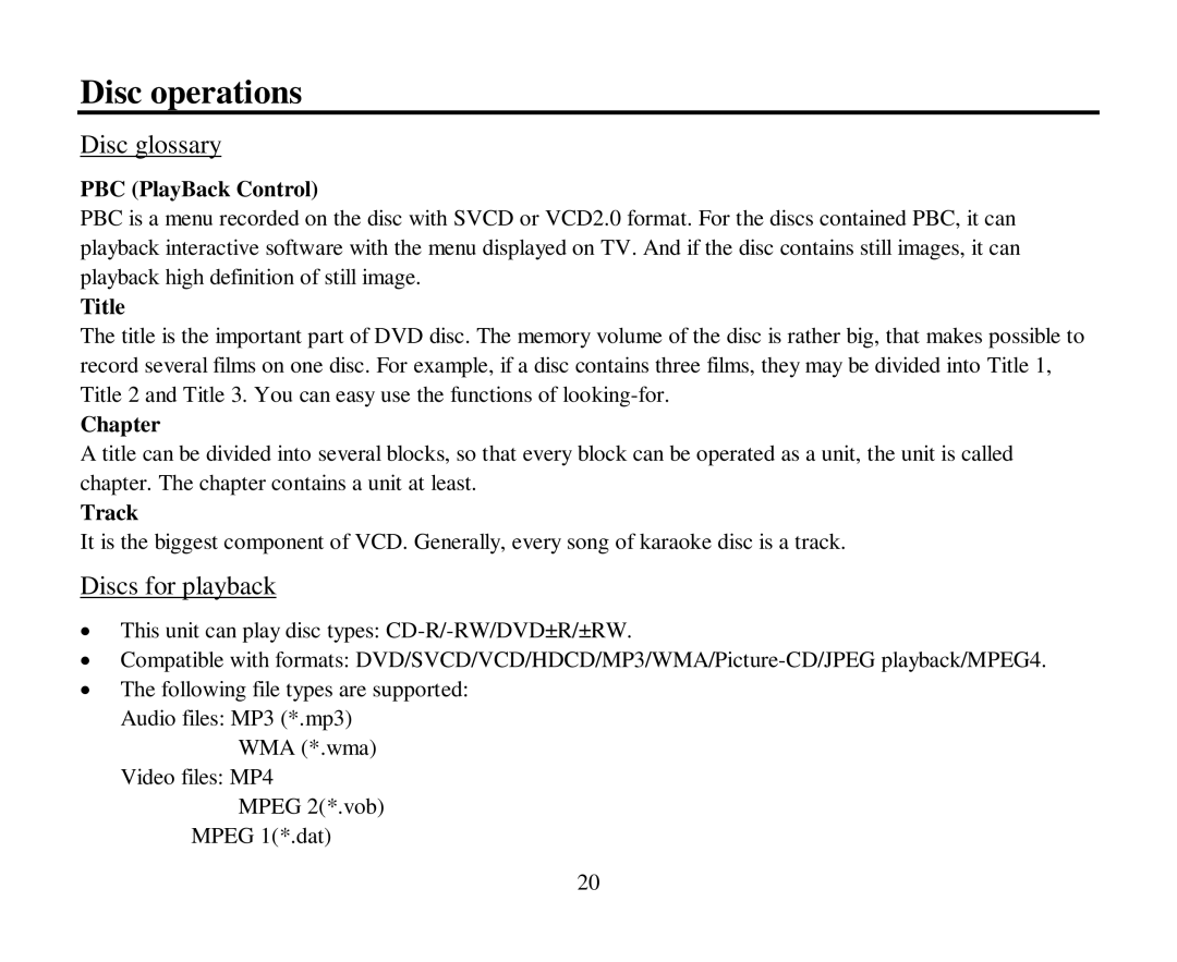 Hyundai H-CMD4005 instruction manual Disc operations, Disc glossary, Discs for playback 