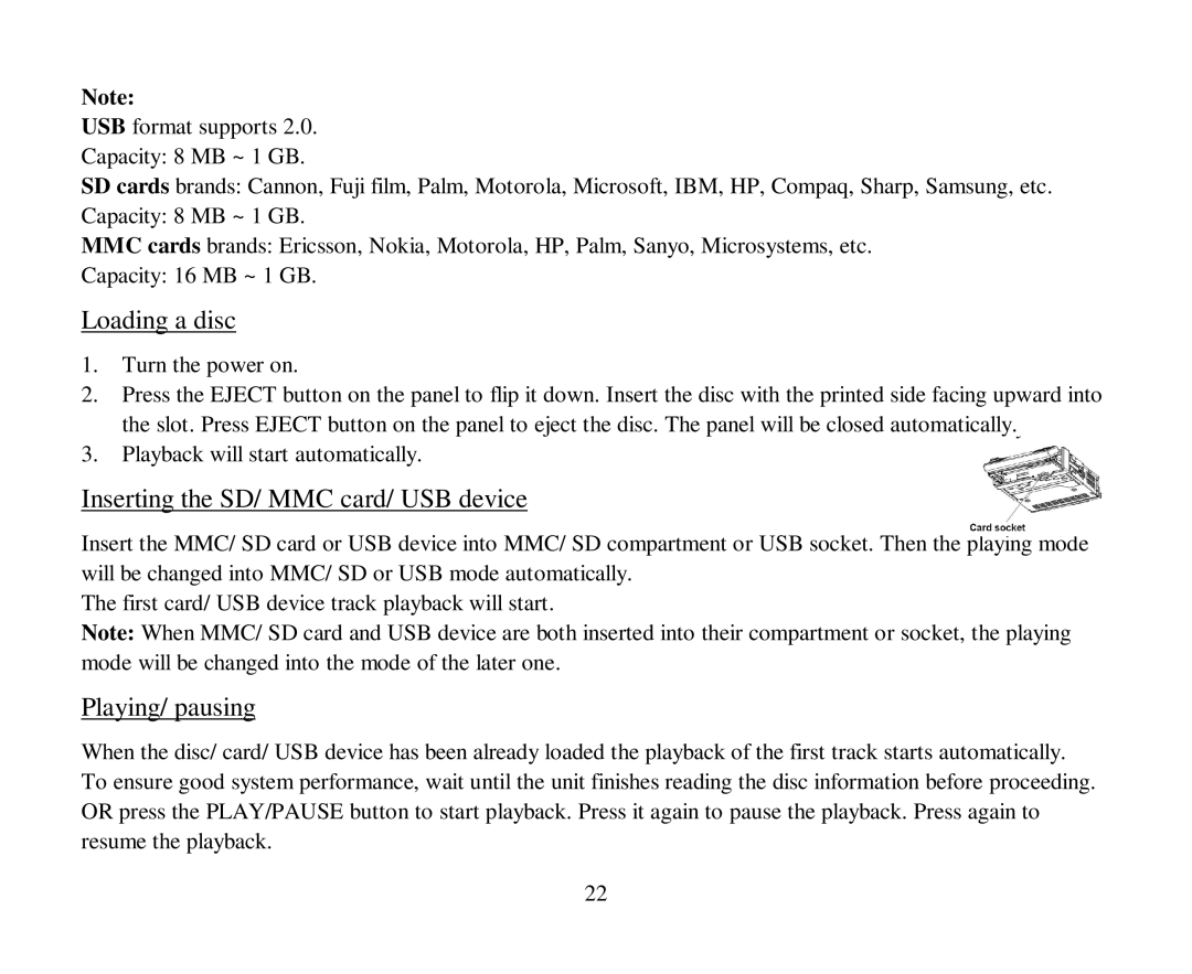 Hyundai H-CMD4005 instruction manual Loading a disc, Inserting the SD/ MMC card/ USB device, Playing/ pausing 