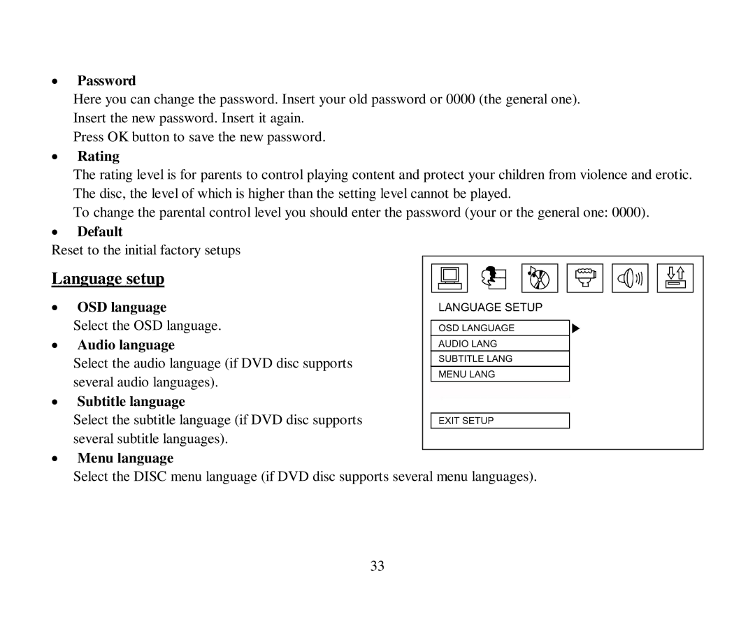 Hyundai H-CMD4005 Password, Rating, Default, OSD language, Audio language, Subtitle language, Menu language 