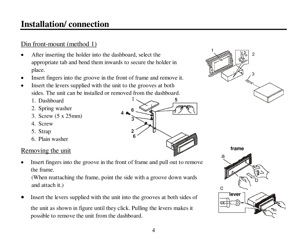 Hyundai H-CMD4005 instruction manual Installation/ connection, Din front-mount method, Removing the unit 