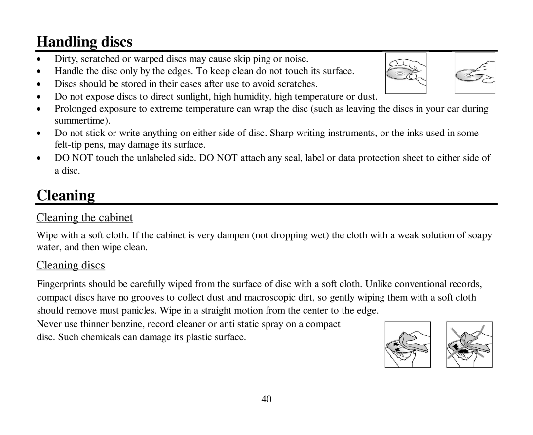 Hyundai H-CMD4005 instruction manual Handling discs, Cleaning the cabinet, Cleaning discs 