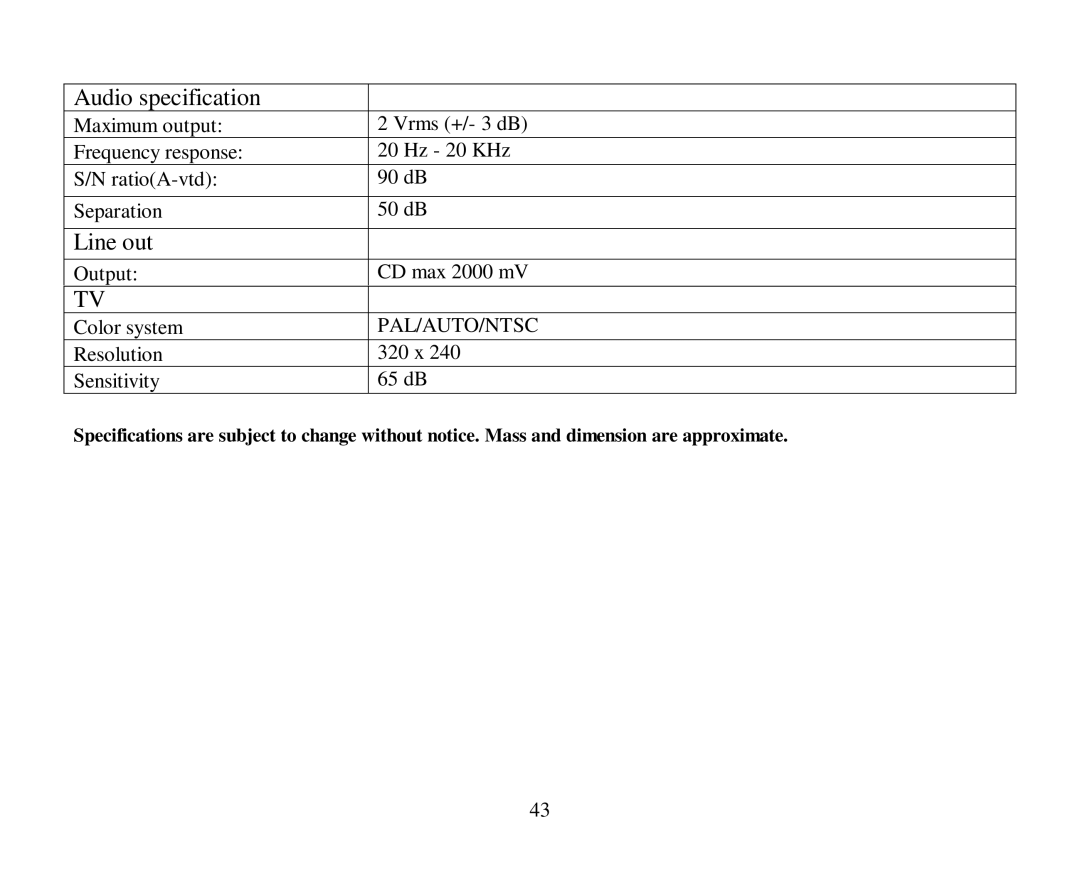 Hyundai H-CMD4005 instruction manual Audio specification, Line out 