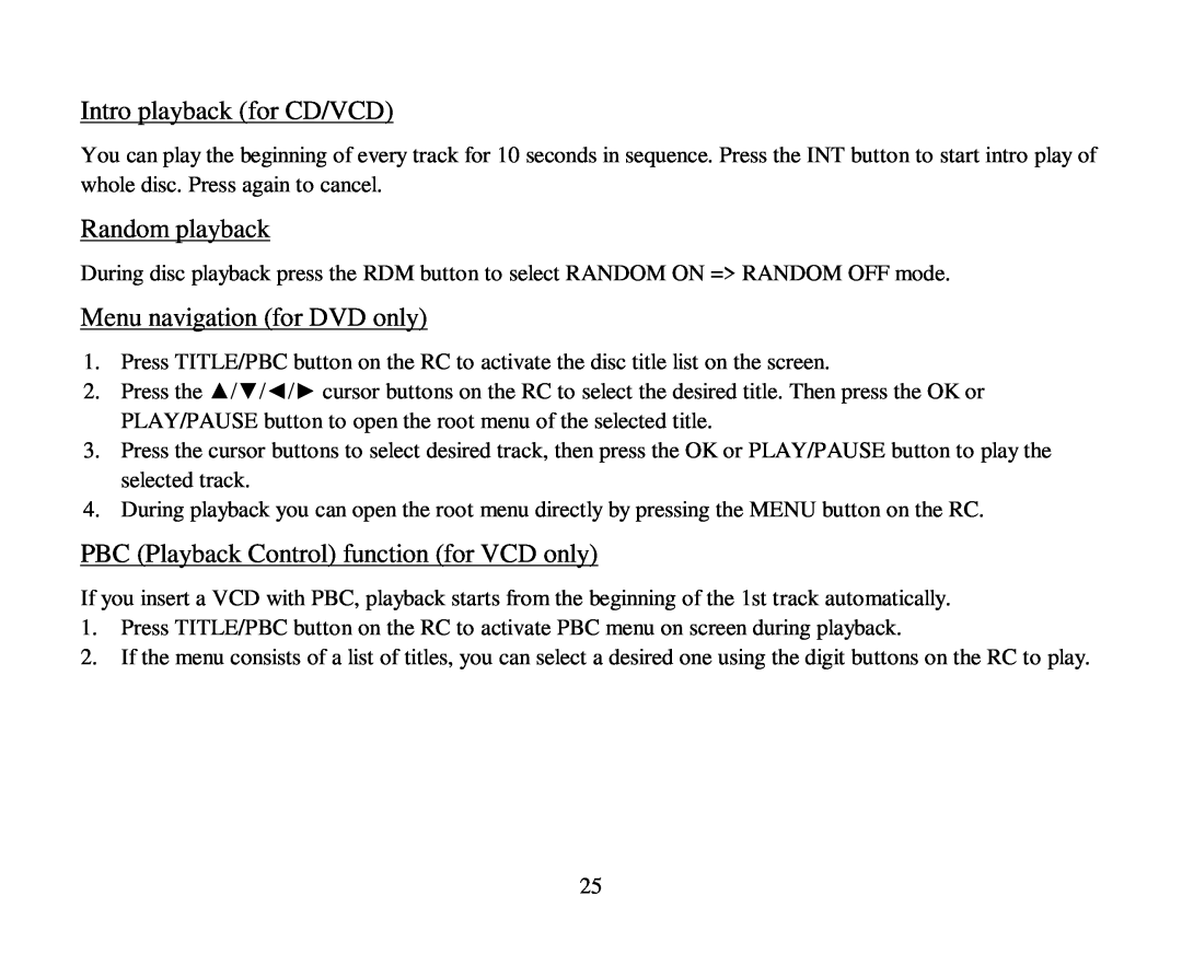 Hyundai H-CMD4005 instruction manual Intro playback for CD/VCD, Random playback, Menu navigation for DVD only 