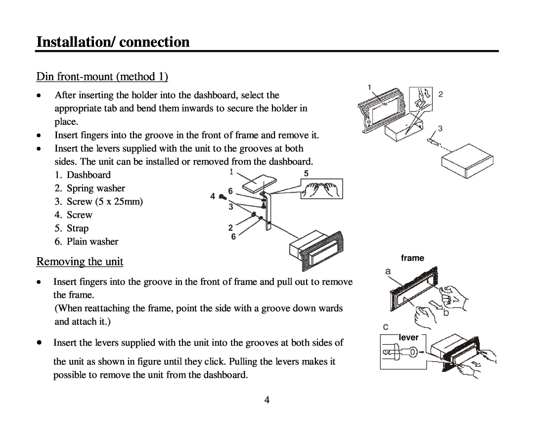 Hyundai H-CMD4005 instruction manual Installation/ connection, Din front-mount method, Removing the unit 