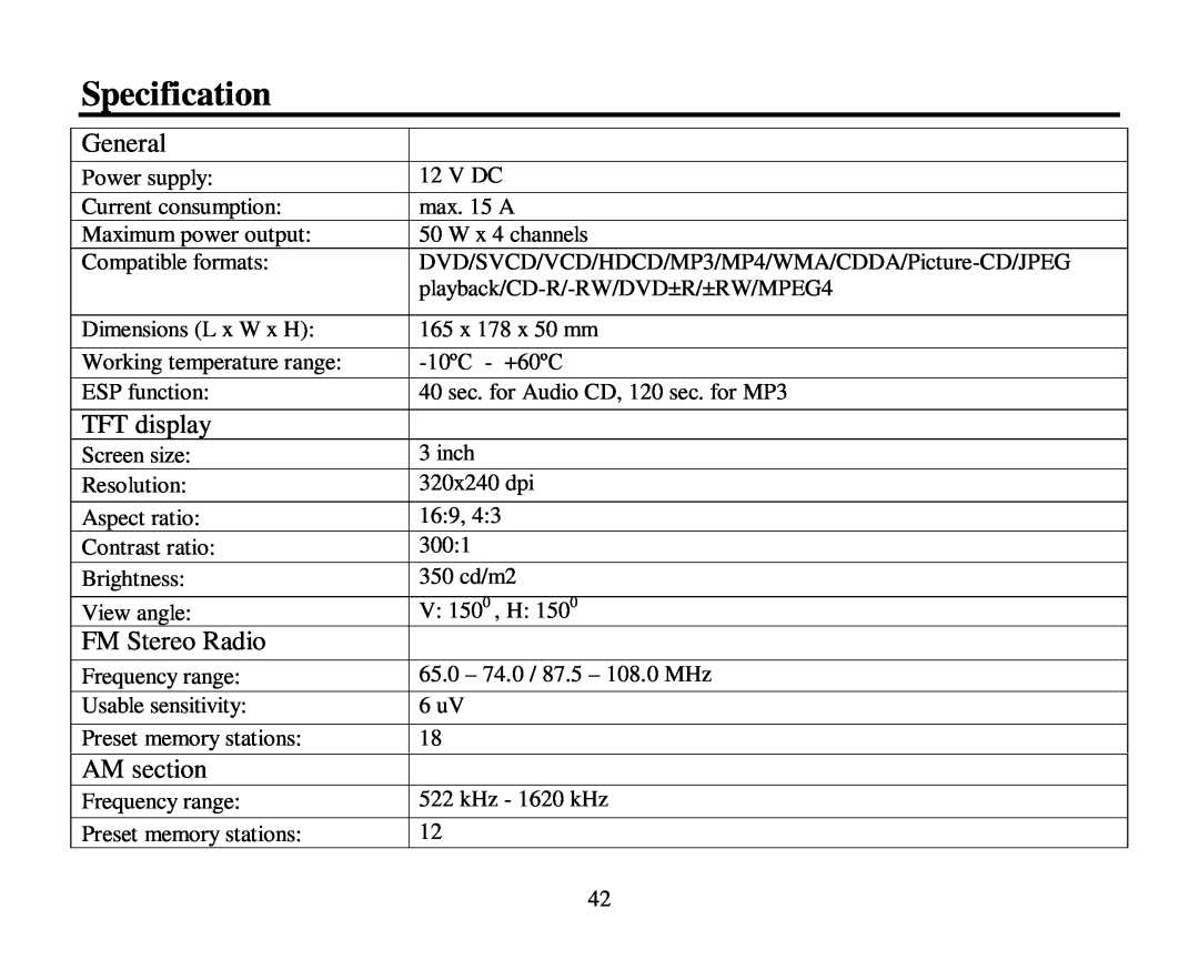 Hyundai H-CMD4005 instruction manual Specification, General, TFT display, FM Stereo Radio, AM section 