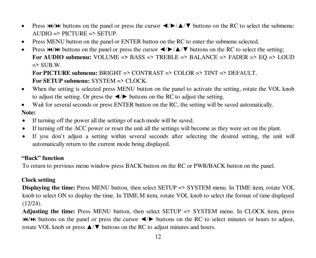 Hyundai H-CMD4007 instruction manual For Setup submenu System = Clock, Back function, Clock setting 