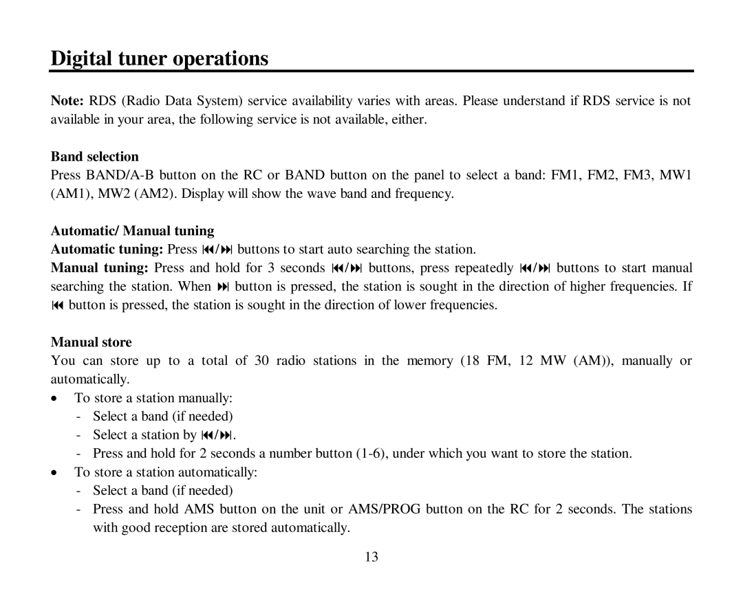 Hyundai H-CMD4007 instruction manual Digital tuner operations, Band selection, Automatic/ Manual tuning, Manual store 