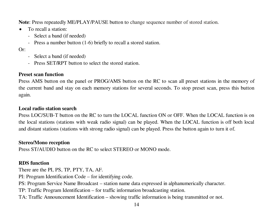 Hyundai H-CMD4007 instruction manual Preset scan function, Local radio station search, Stereo/Mono reception, RDS function 