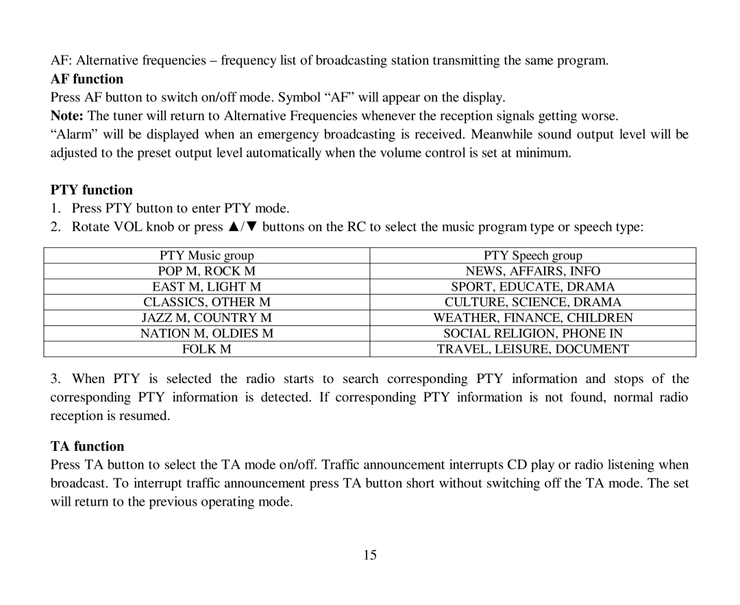 Hyundai H-CMD4007 instruction manual AF function, PTY function, TA function 