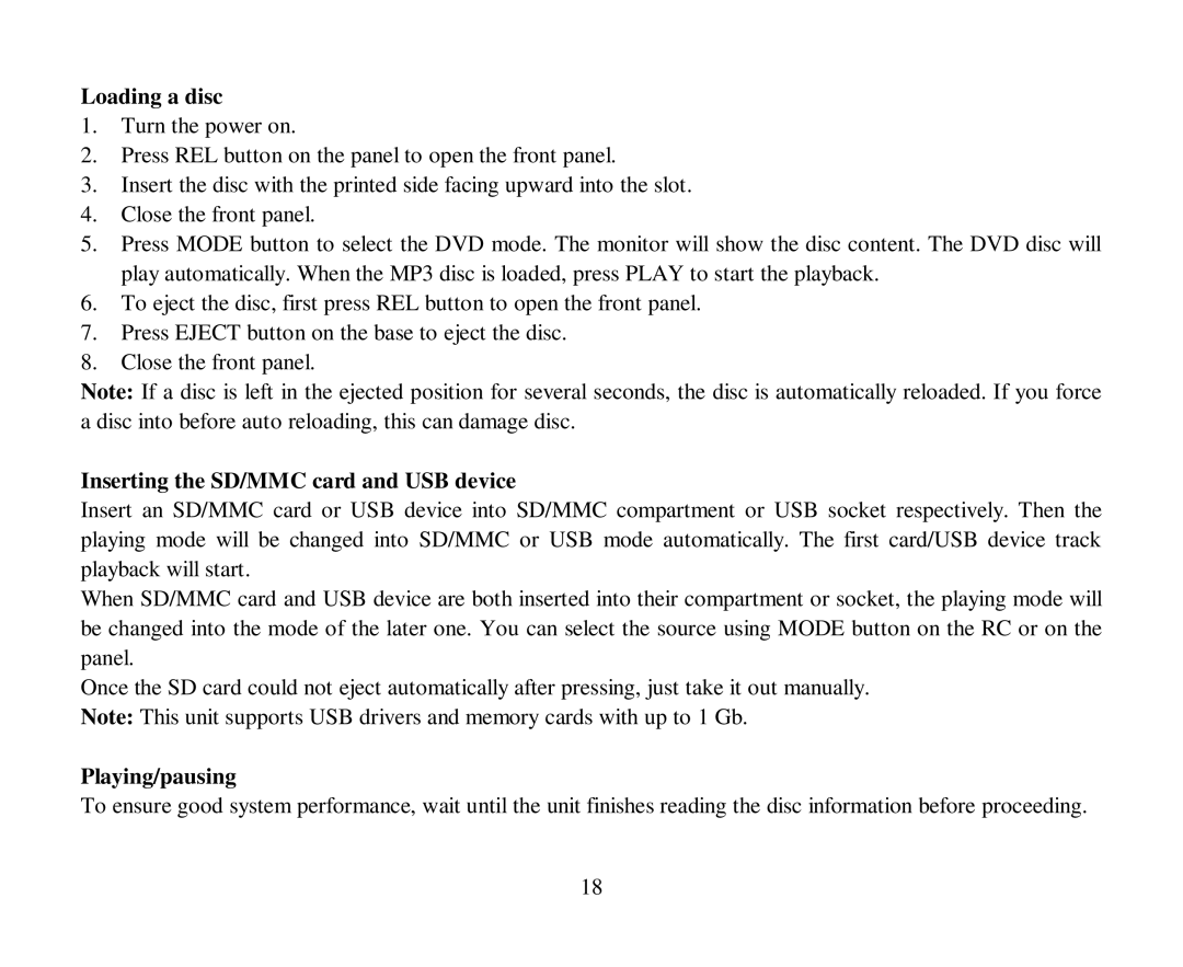 Hyundai H-CMD4007 instruction manual Loading a disc, Inserting the SD/MMC card and USB device, Playing/pausing 