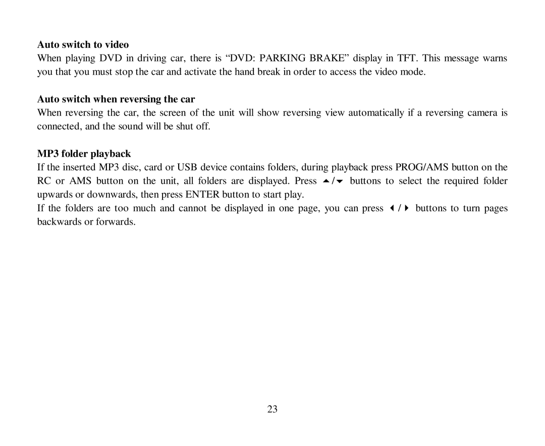 Hyundai H-CMD4007 instruction manual Auto switch to video, Auto switch when reversing the car, MP3 folder playback 