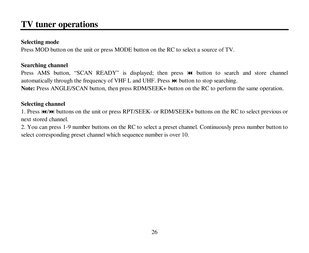 Hyundai H-CMD4007 instruction manual TV tuner operations, Selecting mode, Searching channel, Selecting channel 