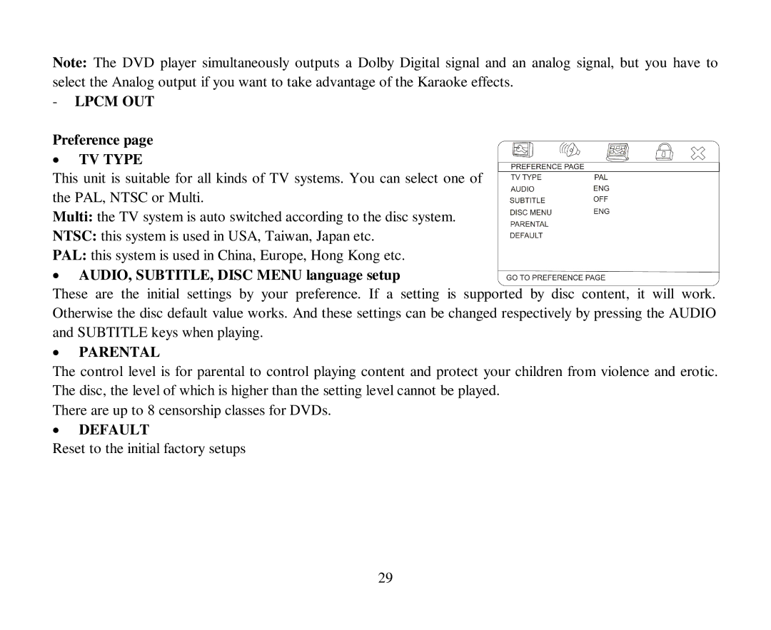 Hyundai H-CMD4007 instruction manual Preference, AUDIO, SUBTITLE, Disc Menu language setup 