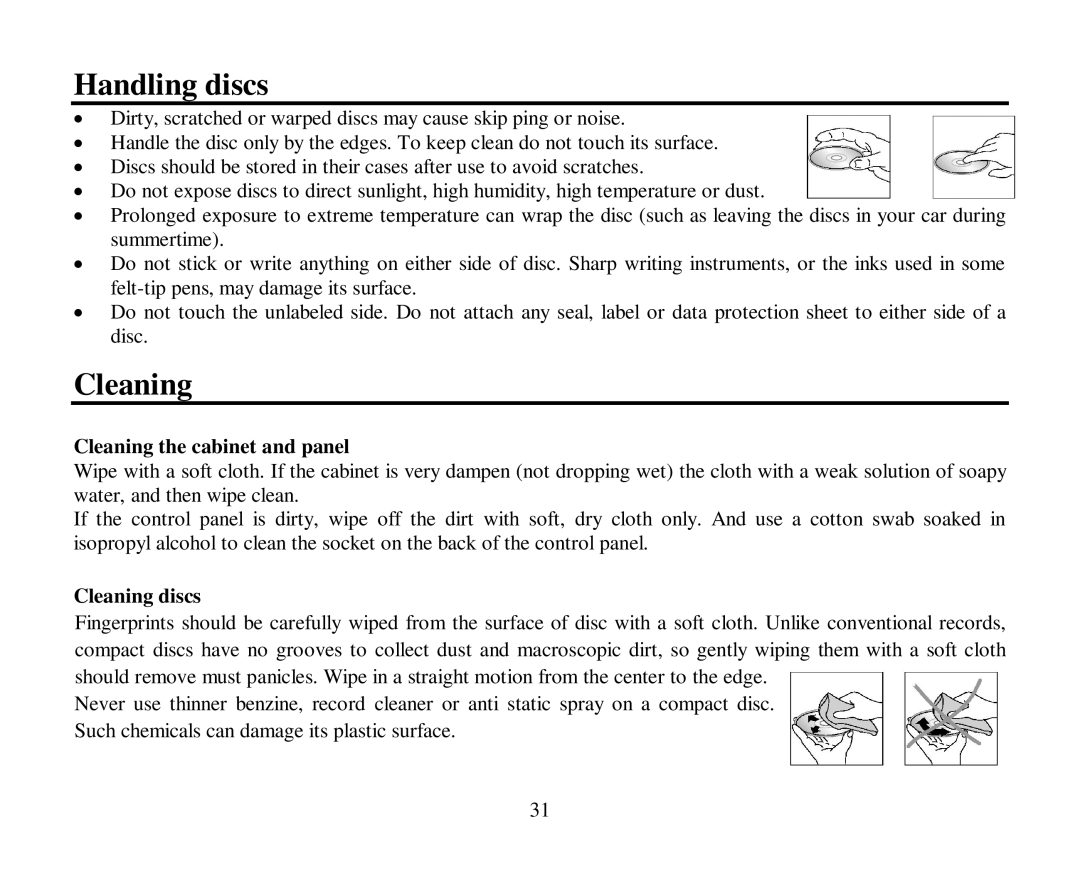 Hyundai H-CMD4007 instruction manual Handling discs, Cleaning the cabinet and panel, Cleaning discs 