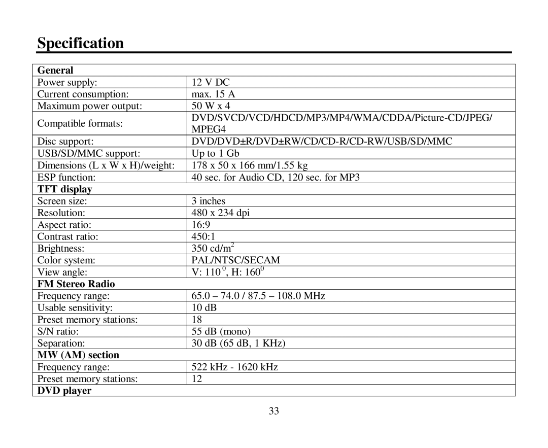 Hyundai H-CMD4007 instruction manual Specification 