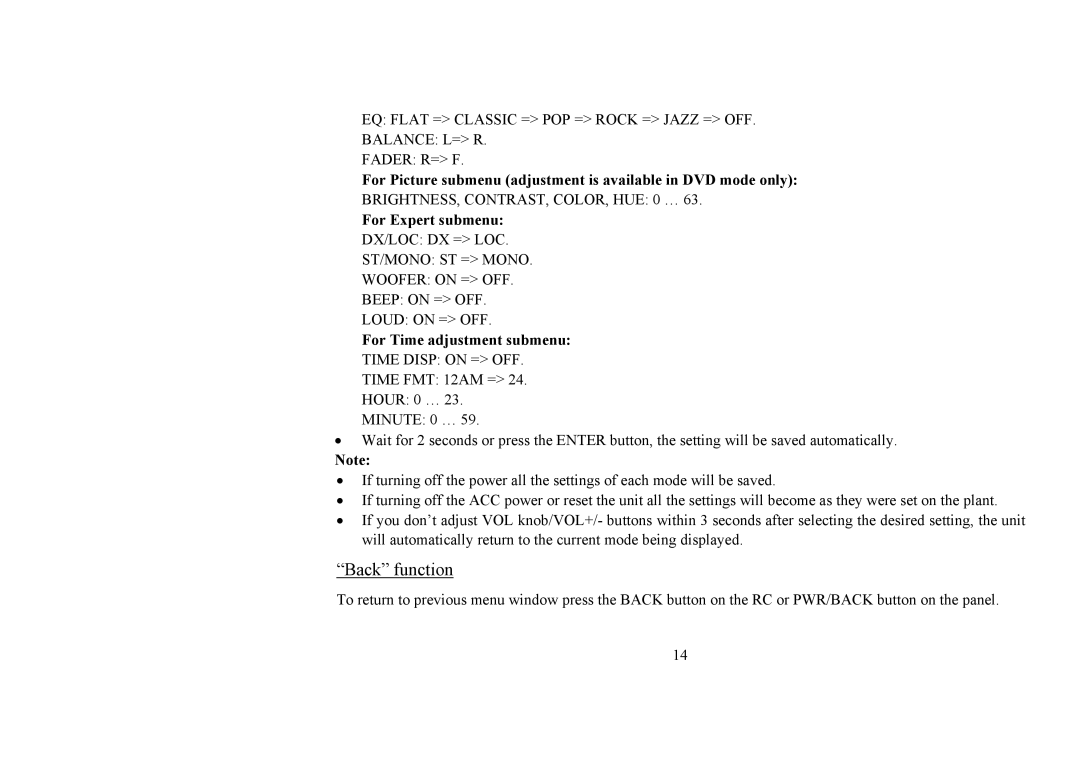 Hyundai H-CMD4008 instruction manual Back function, For Expert submenu, For Time adjustment submenu 