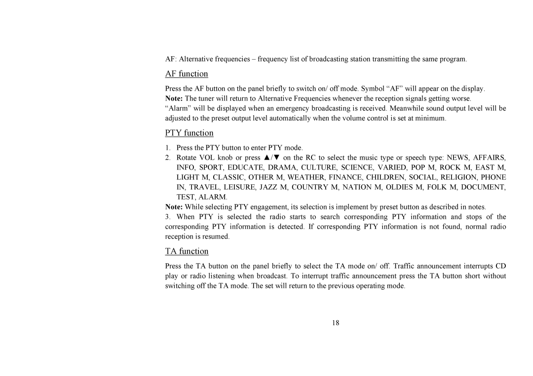 Hyundai H-CMD4008 instruction manual AF function, PTY function, TA function 