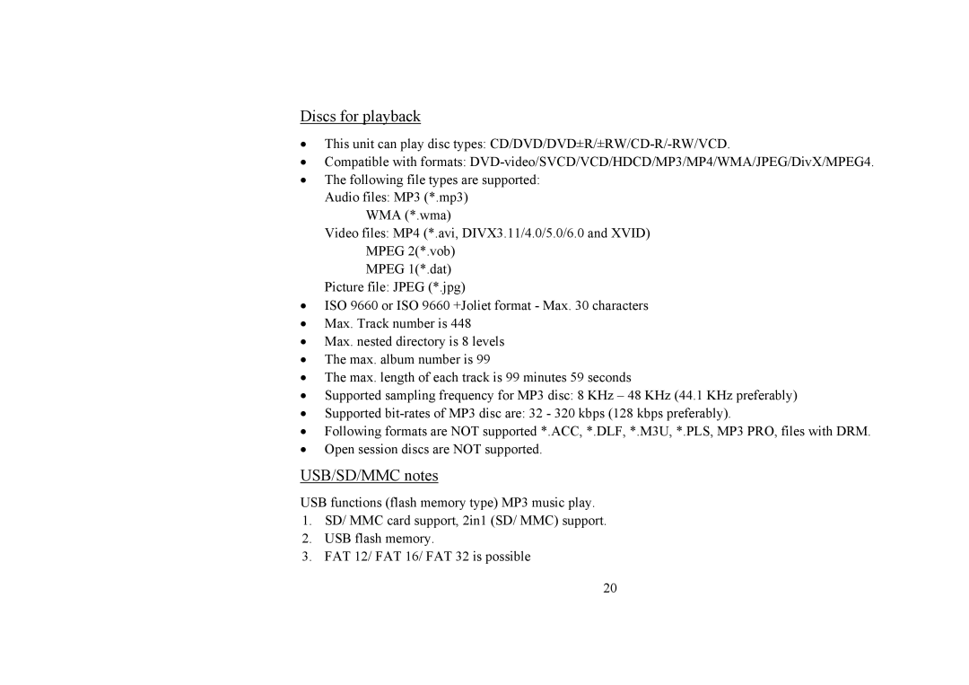 Hyundai H-CMD4008 instruction manual Discs for playback, USB/SD/MMC notes 