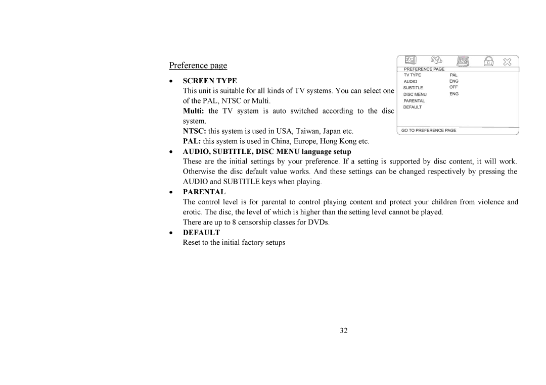 Hyundai H-CMD4008 instruction manual Preference, Screen Type, AUDIO, SUBTITLE, Disc Menu language setup, Parental, Default 