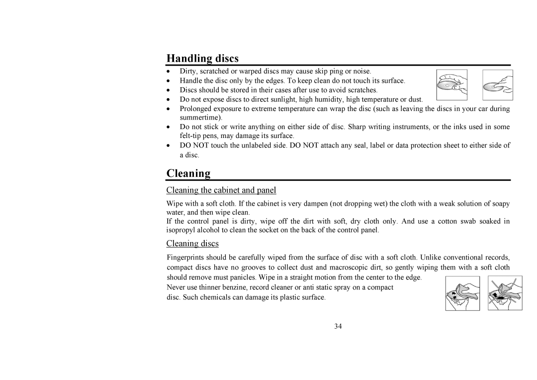 Hyundai H-CMD4008 instruction manual Handling discs, Cleaning the cabinet and panel, Cleaning discs 