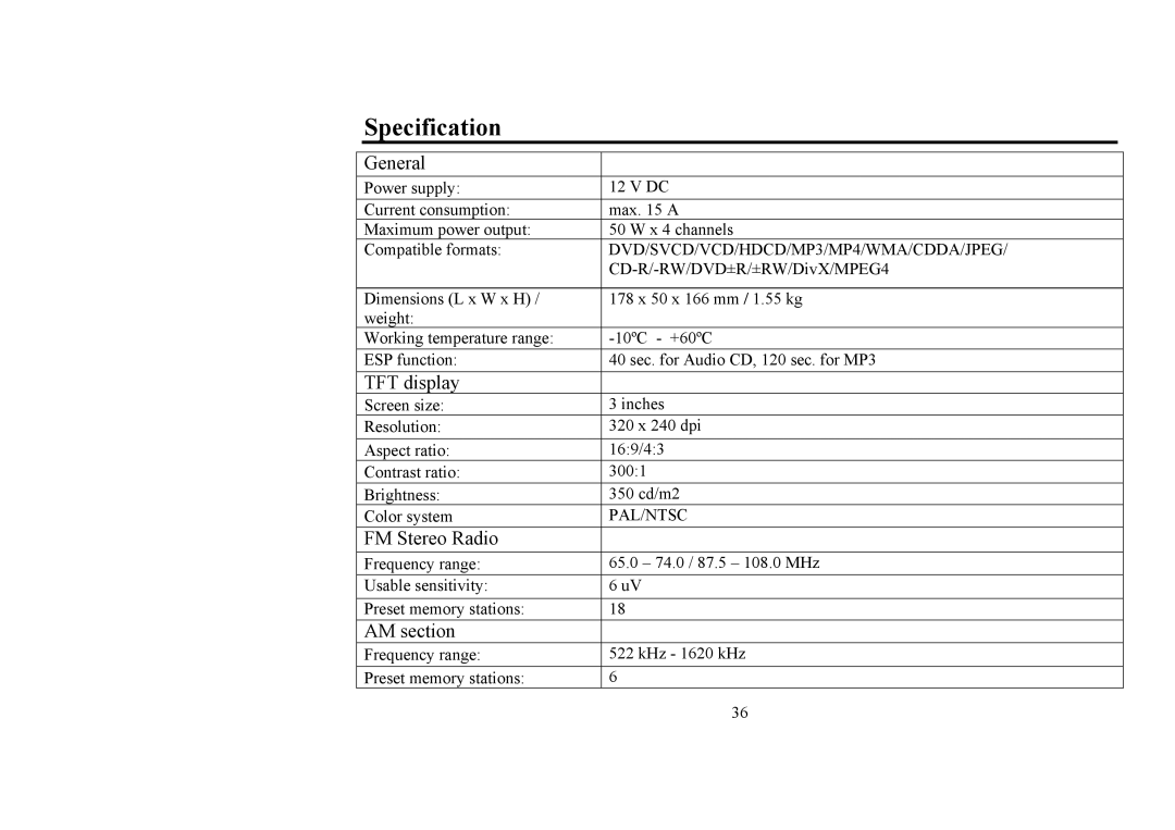 Hyundai H-CMD4008 instruction manual Specification, General, TFT display, FM Stereo Radio, AM section 