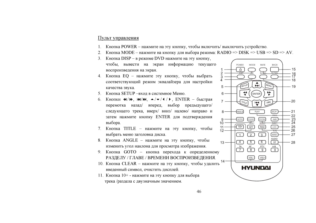 Hyundai H-CMD4008 instruction manual Пульт управления, Разделу / Главе / Времени Воспроизведения 