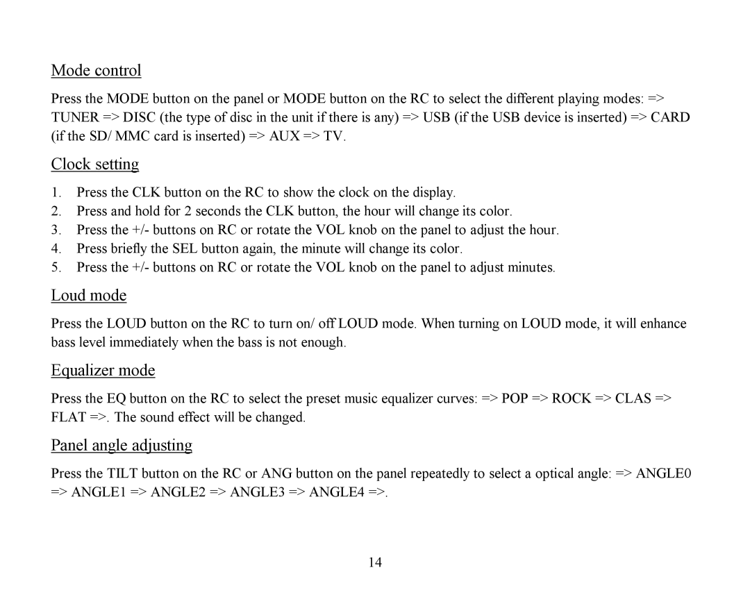 Hyundai H-CMD4009 instruction manual Mode control, Clock setting, Loud mode, Equalizer mode, Panel angle adjusting 