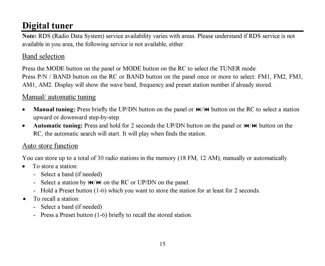 Hyundai H-CMD4009 instruction manual Digital tuner, Band selection, Manual/ automatic tuning, Auto store function 