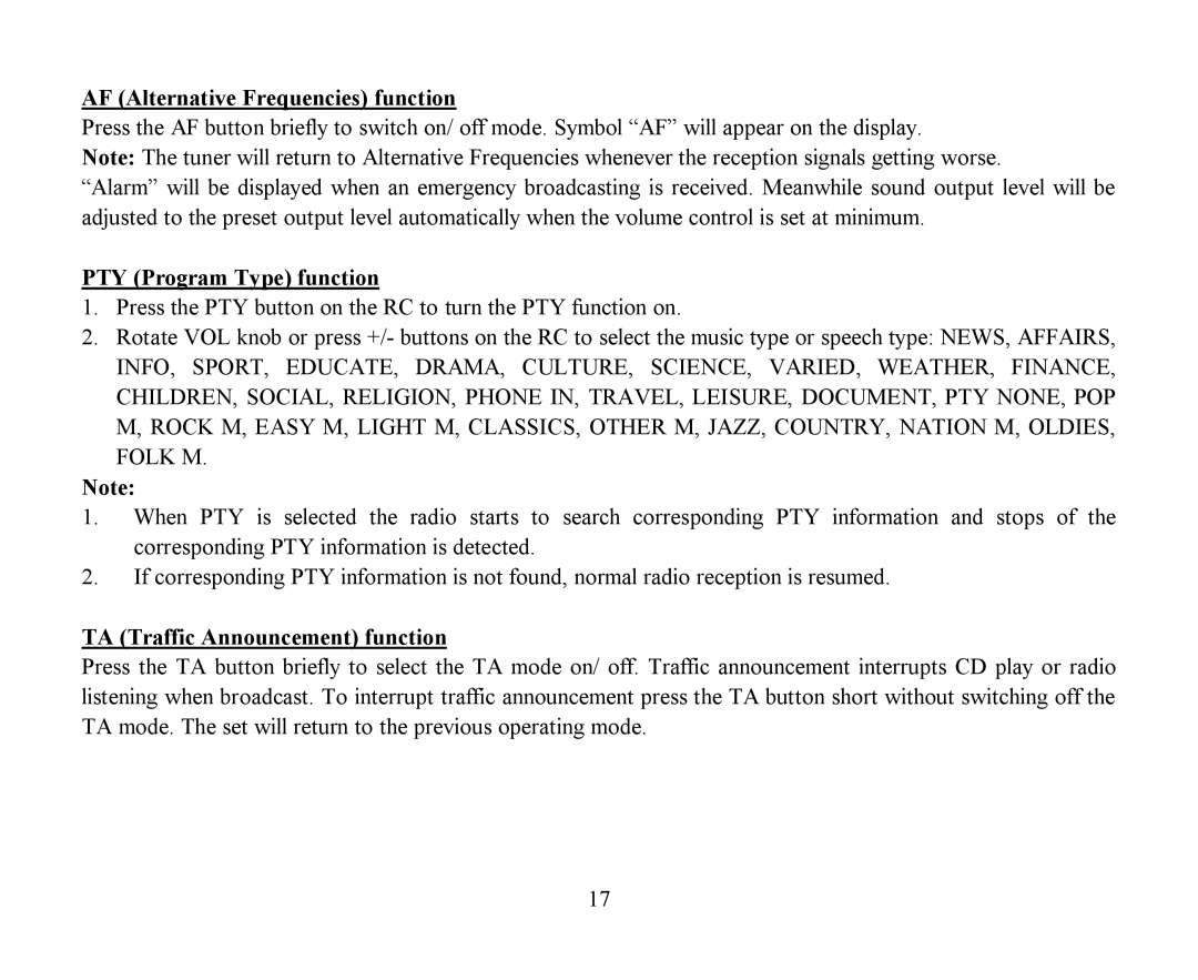 Hyundai H-CMD4009 AF Alternative Frequencies function, PTY Program Type function, TA Traffic Announcement function 