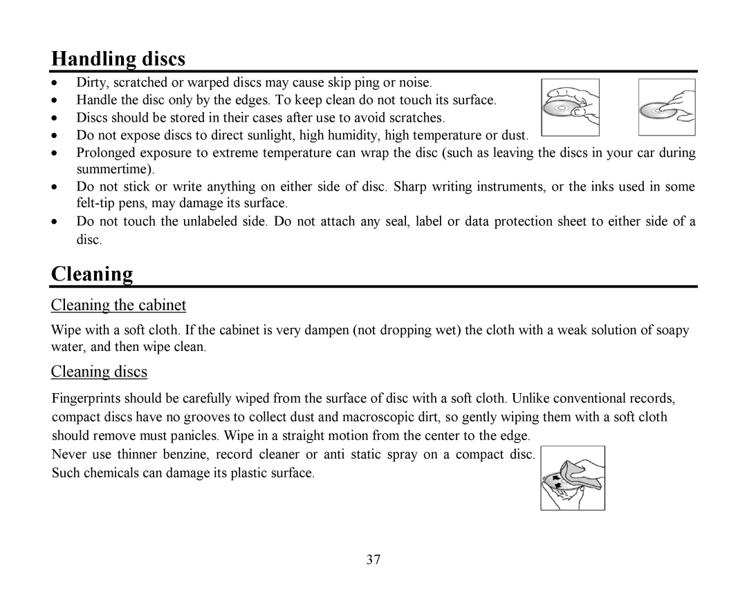 Hyundai H-CMD4009 instruction manual Handling discs, Cleaning the cabinet, Cleaning discs 