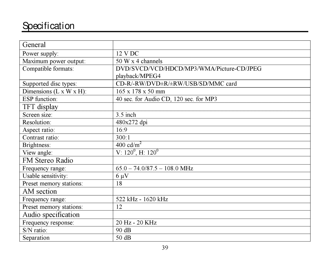 Hyundai H-CMD4009 instruction manual Specification 