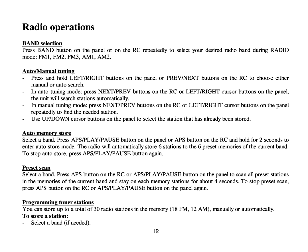 Hyundai H-CMD4011 Radio operations, BAND selection, Auto/Manual tuning, Auto memory store, Preset scan, To store a station 