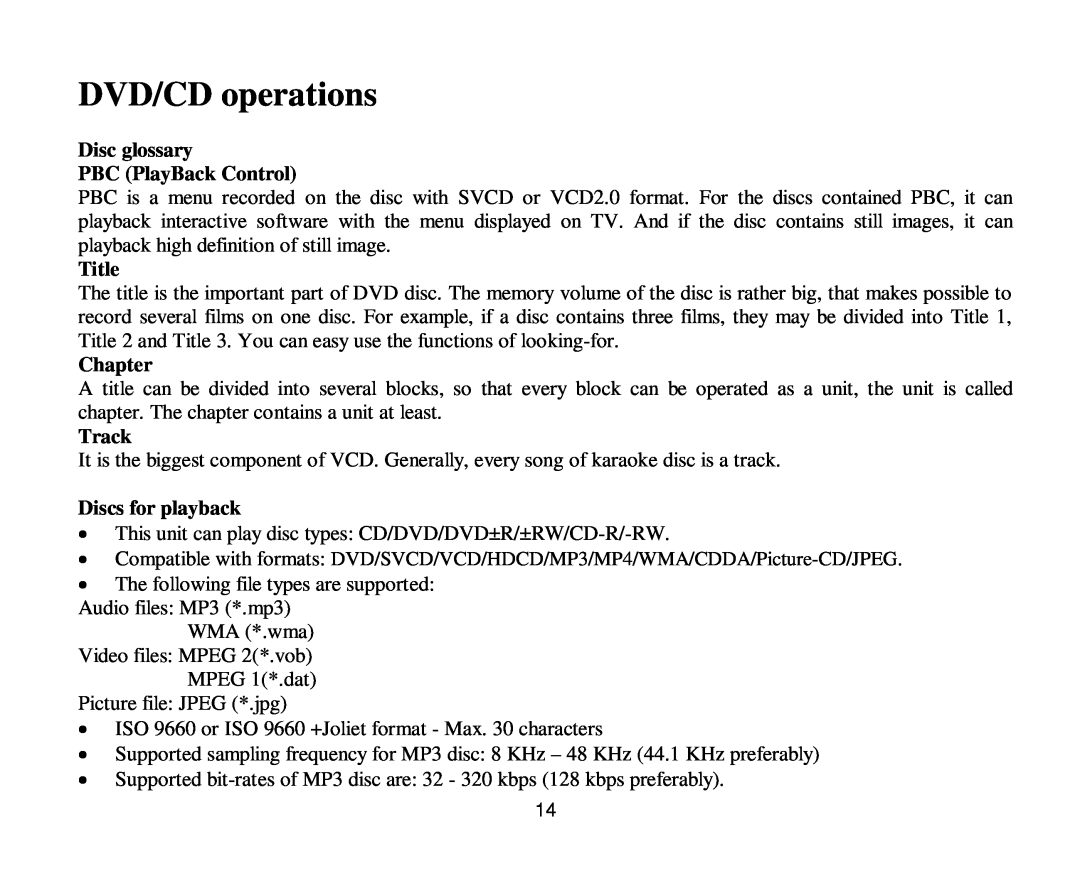 Hyundai H-CMD4011 DVD/CD operations, Disc glossary PBC PlayBack Control, Title, Chapter, Track, Discs for playback 