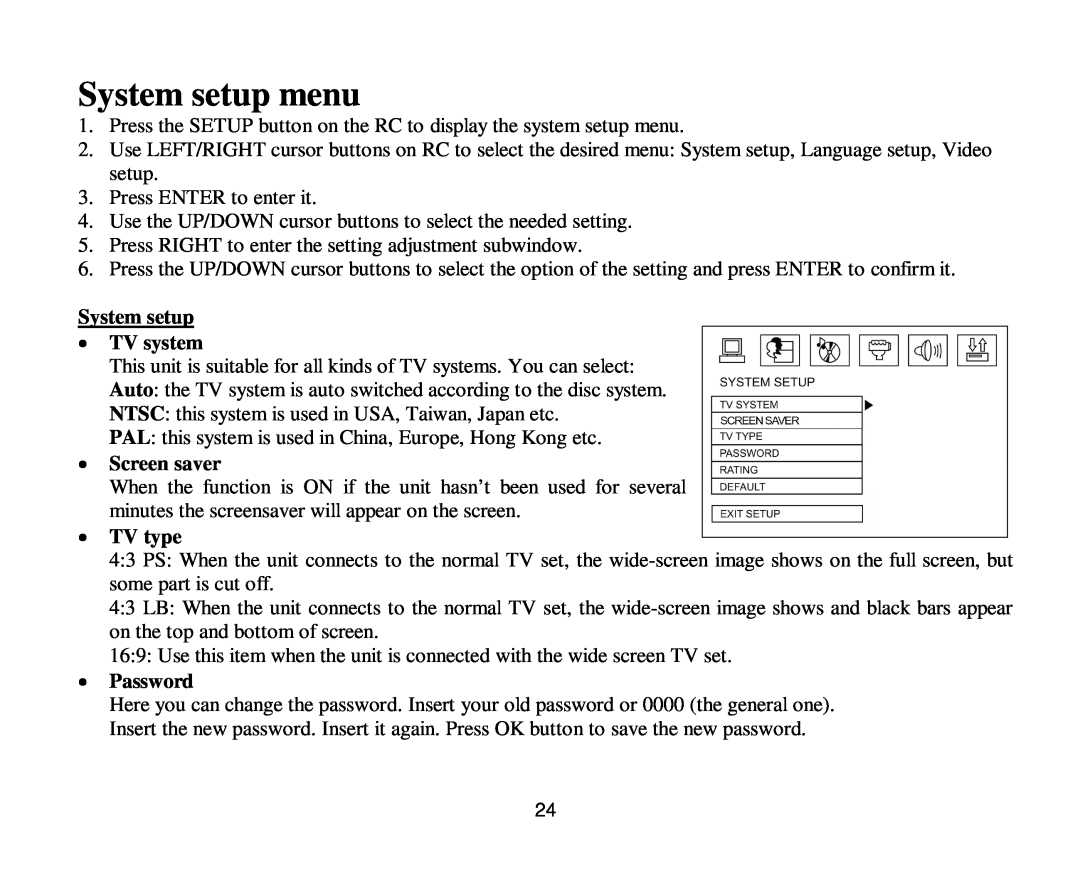 Hyundai H-CMD4011 instruction manual System setup menu, System setup TV system, Screen saver, TV type, Password 