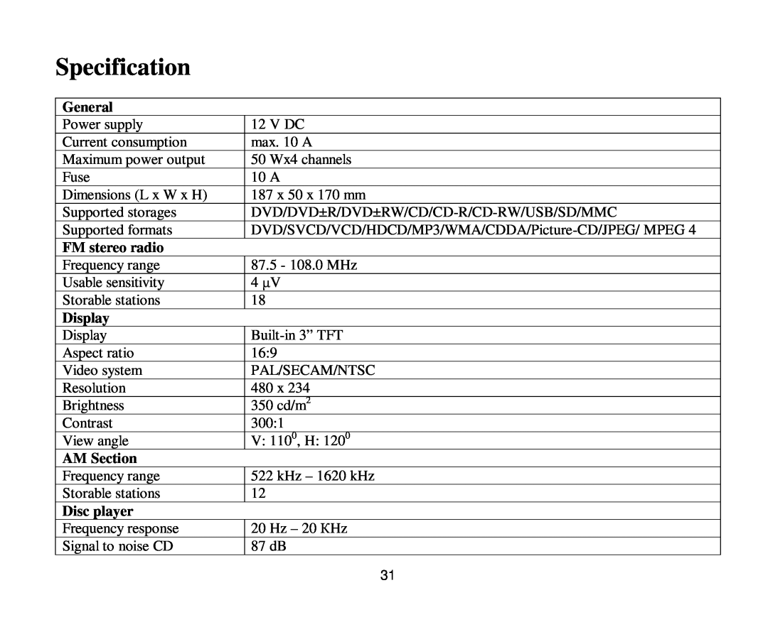 Hyundai H-CMD4011 instruction manual Specification, General, FM stereo radio, Display, AM Section, Disc player 