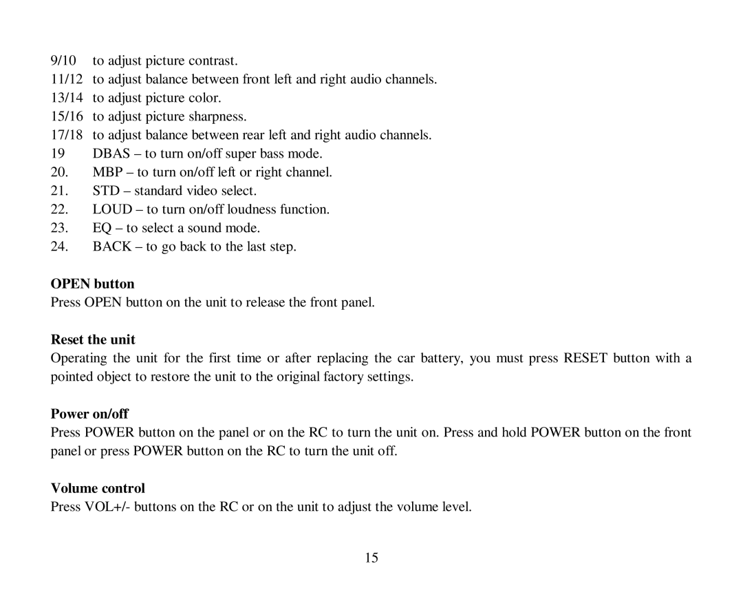 Hyundai H-CMD4012 instruction manual Open button, Reset the unit, Power on/off, Volume control 