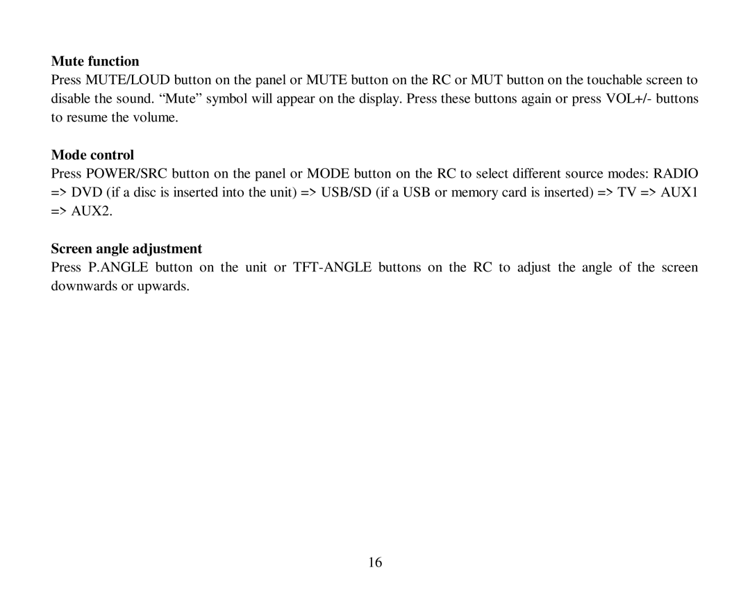 Hyundai H-CMD4012 instruction manual Mute function, Mode control, Screen angle adjustment 