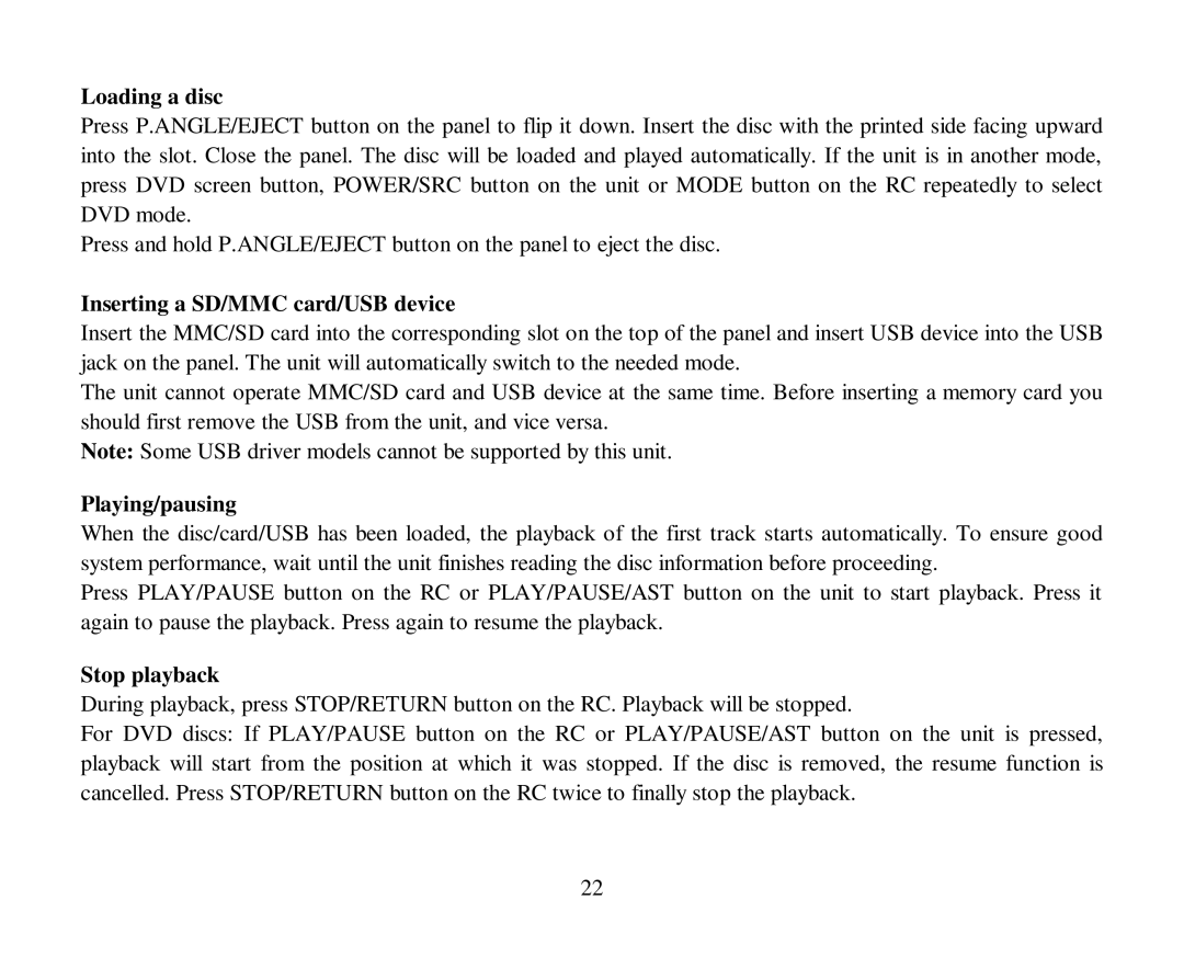 Hyundai H-CMD4012 instruction manual Loading a disc, Inserting a SD/MMC card/USB device, Playing/pausing, Stop playback 